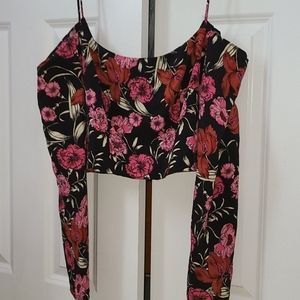 Cold Shoulder Floral Long Sleeved Crop Top
